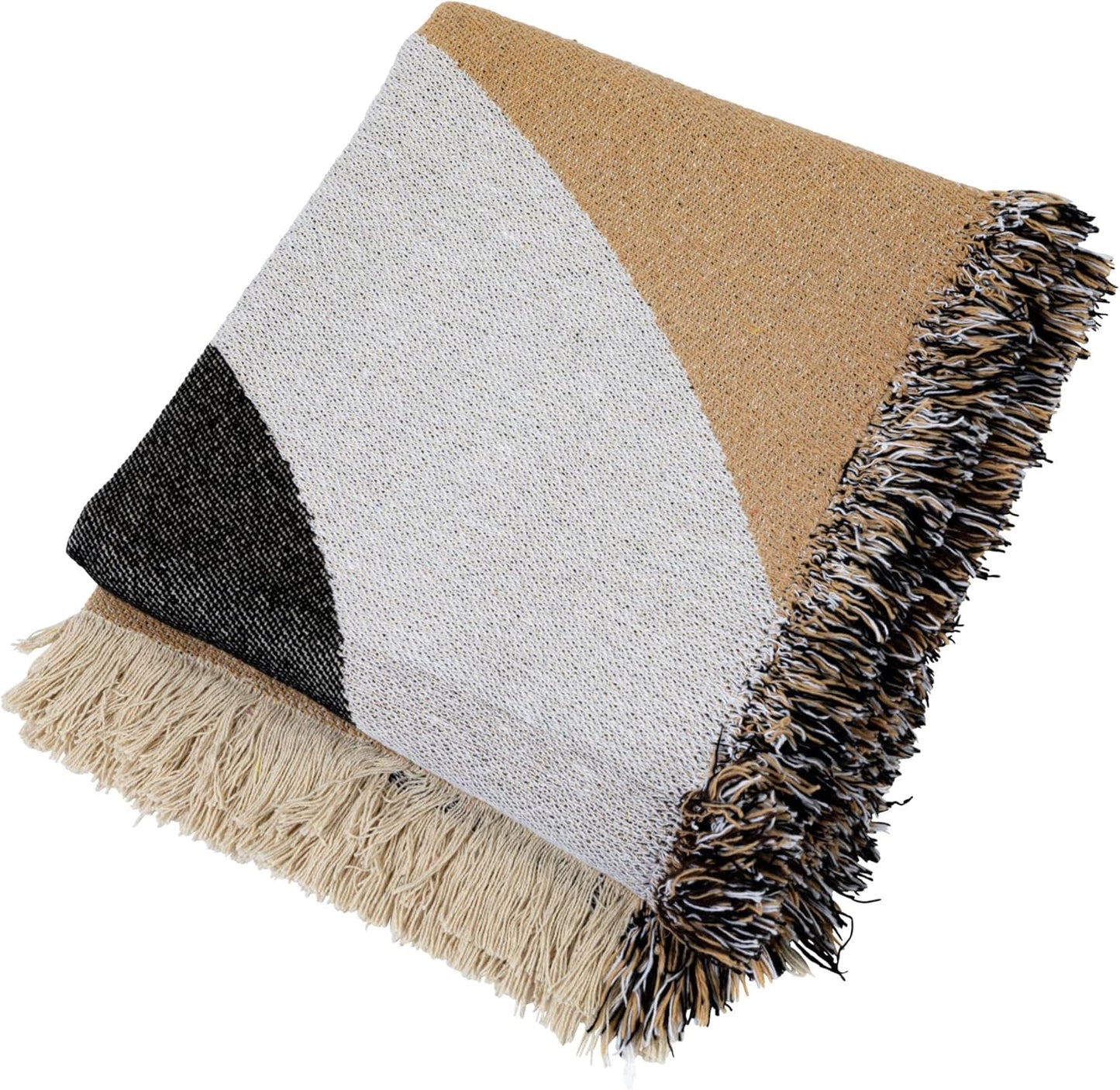 Modern Recycled Cotton Throw Blanket with Print and Fringe, Multicolor