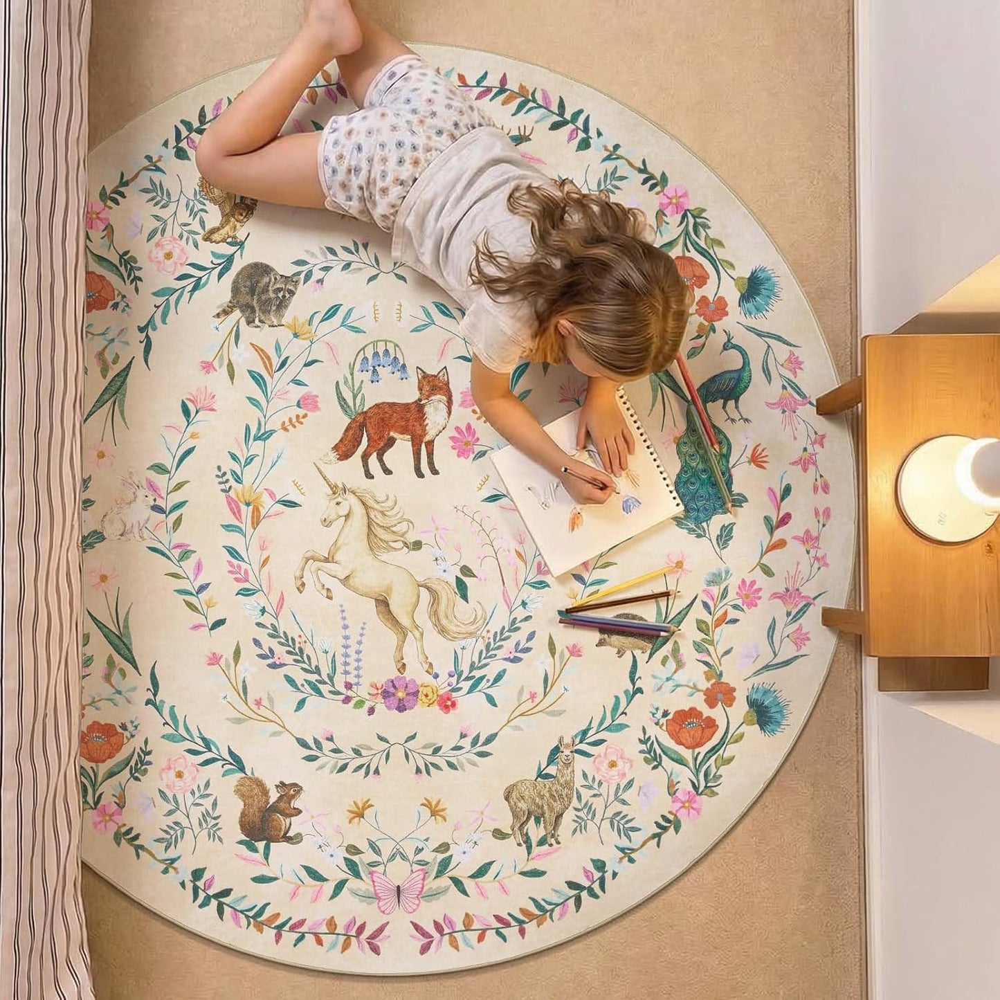 jinchan Round Rug 5ft Kids Room Area Rug Washable Indoor Unicorn Rug Soft Non-Slip Low Pile Fairytale Woodland Animals Floral Carpet for Classroom Nursery Playroom Bedroom Living Room Daylight Cream