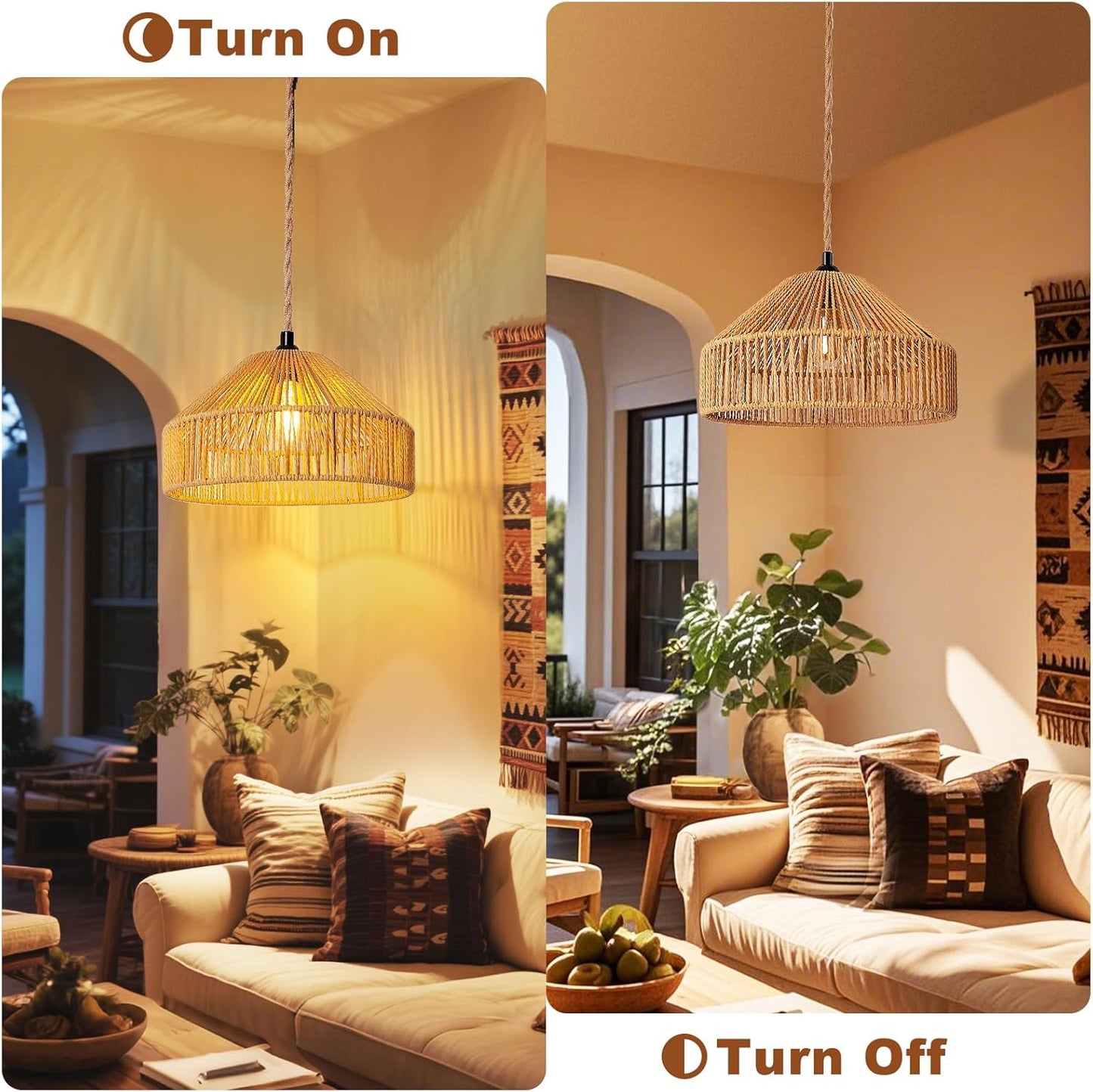 Hanging Lamps Rattan Pendant Light Hanging Lights 16.4ft Plug in Cord Pendant Light Fixture Plug Into Wall Outlet Pendant Lighting with On Off Switch for Bedroom Living (Mongolian Yurt)