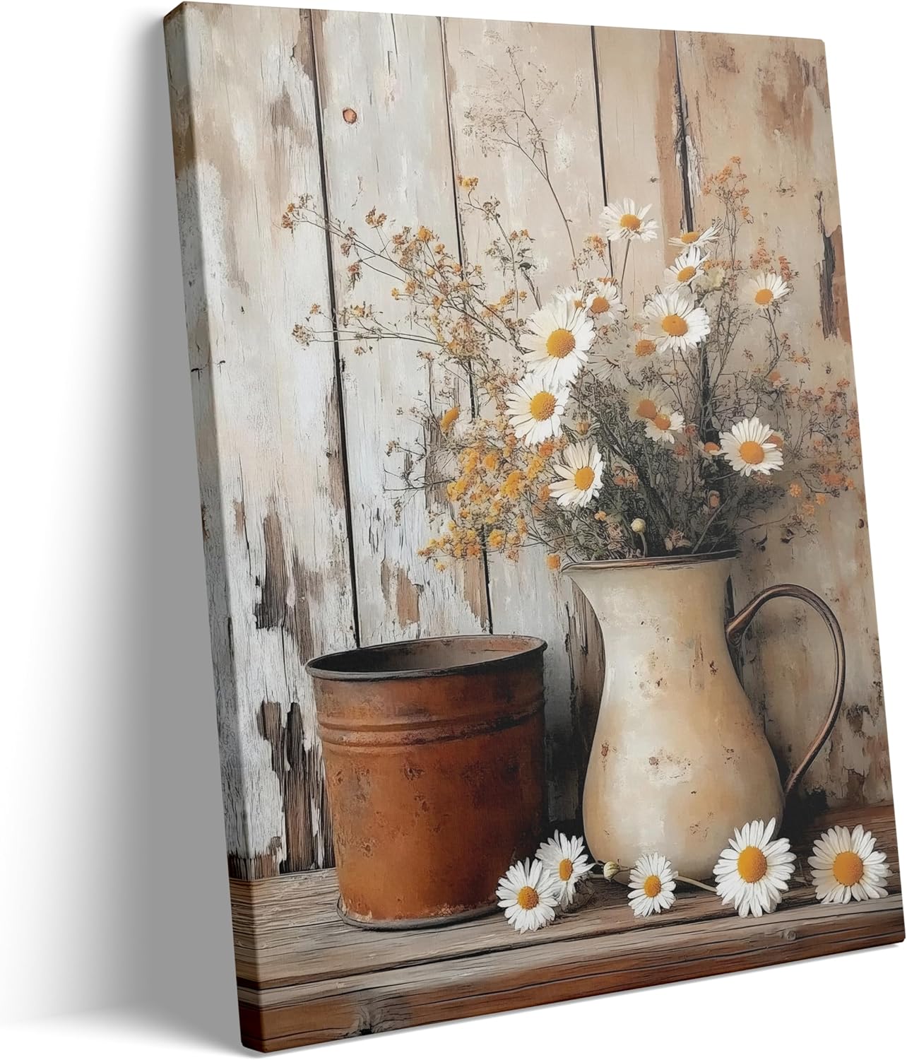 Rustic Farmhouse Daisy Floral Canvas Wall Art Vintage Neutral Country Wall Decor Picture Still Life In Vase Poster Print for Bathroom Living Room Bedroom Home Paintings Decoration Prepare To Hang