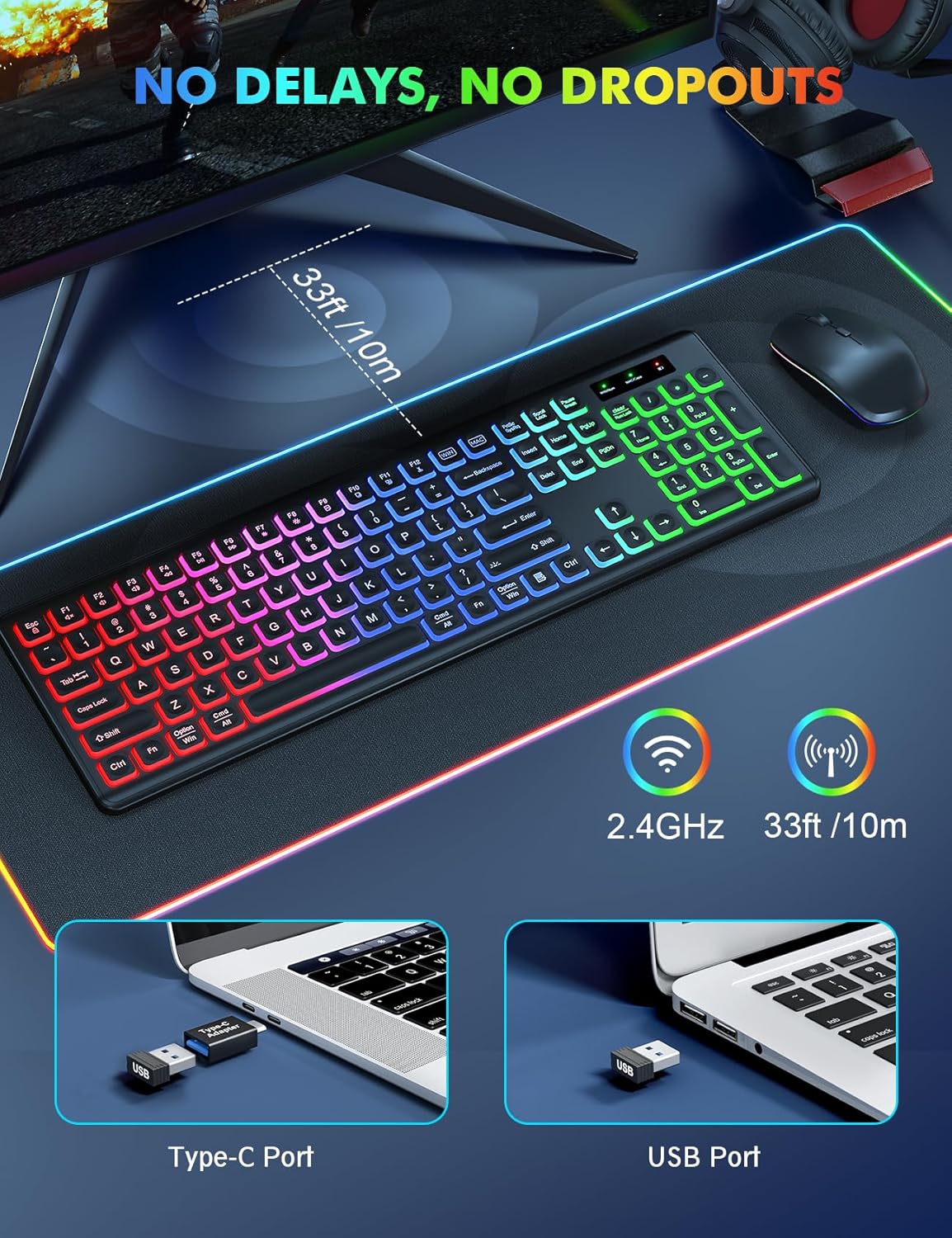 Wireless Keyboard and Mouse Combo, RGB Backlit, Rechargeable & Light Up Letters, Full-Size, Soft Typing, Sleep Mode, 2.4GHz Quiet Keyboard Set for Mac, Windows, Laptop, PC, Trueque KM42Pro (Black)