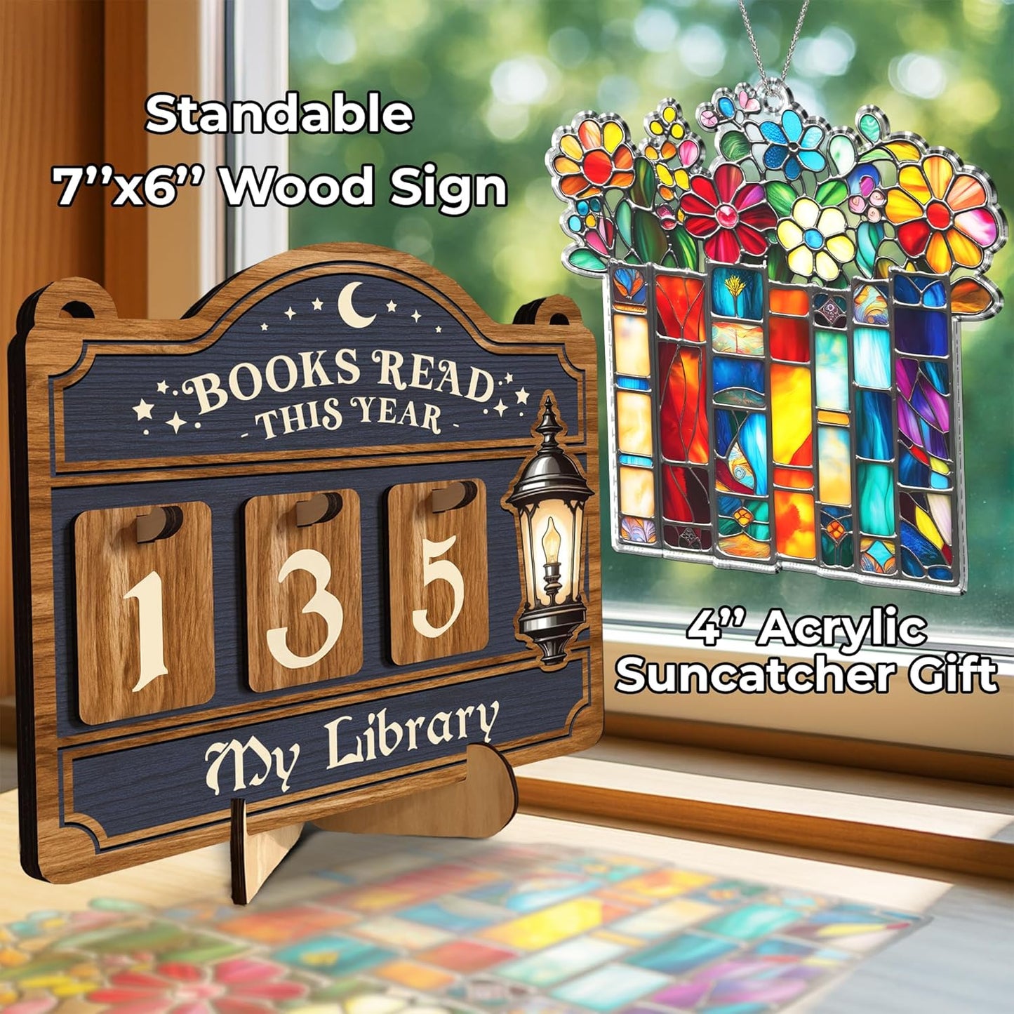 Books Read This Year Counter, Reading Tracker Sign for Home Library Decor, Book Suncatcher Ornament, Book Lover Gift for Librarian, Reader, Teacher, Women, Bookshelf Accessories for Wall & Table FF754