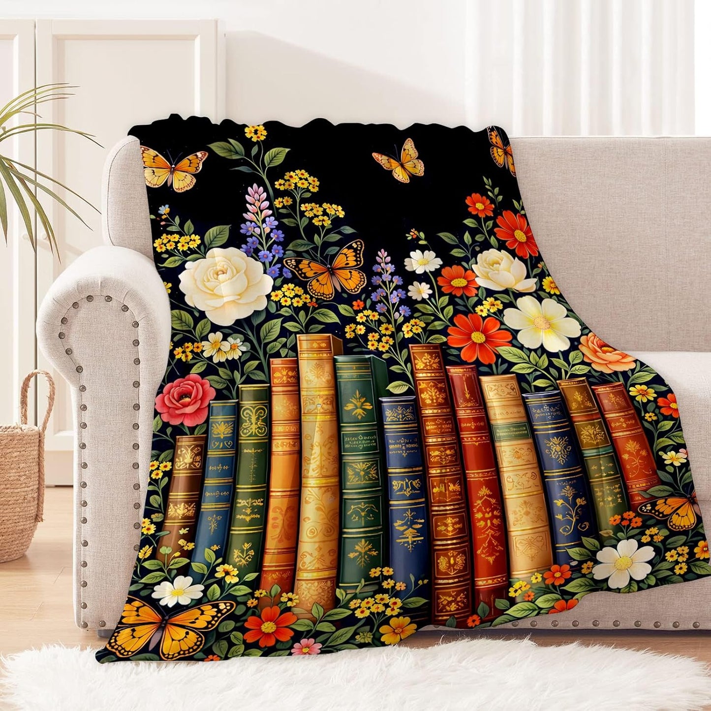 Book and Butterfly Throw Blanket for Book Lovers, Vintage Floral Library Art Flannel Throws Blankets, Reading Garden Gifts, Soft Warm Cozy for Sofa Couch Bed Home Decor 60" x 50"