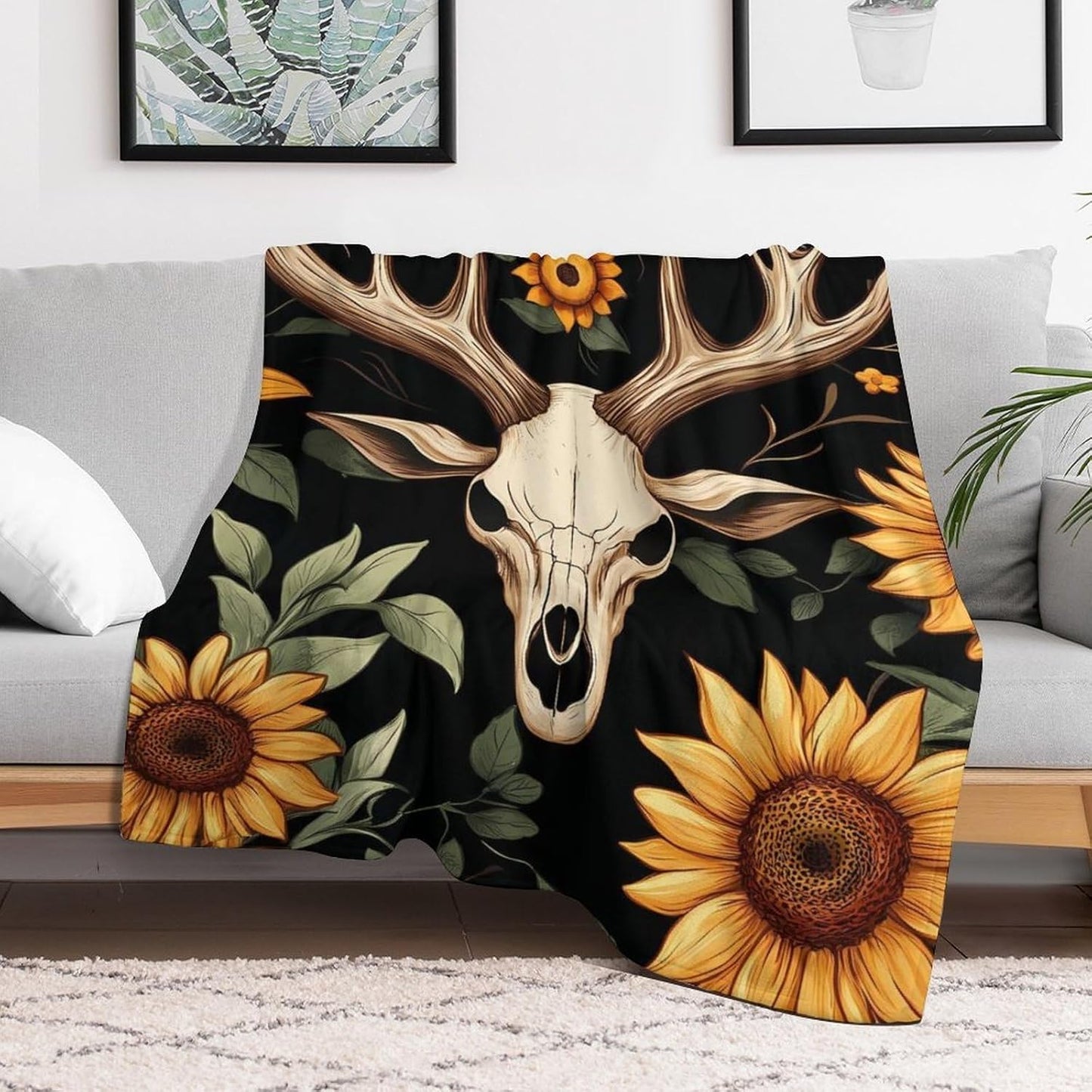 Deer Skull Sunflower Throw Blanket for Couch Bed Plush Cozy Fuzzy Flannel Blanket for All Season 70"x80"