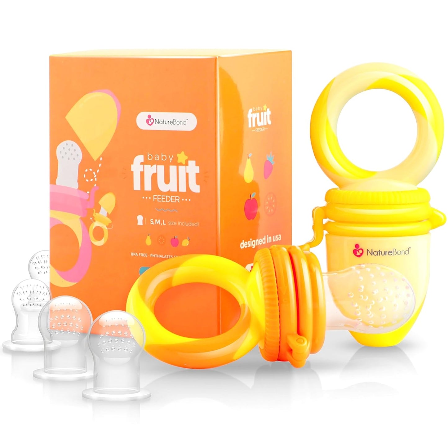 NatureBond Baby Food Feeder/Fruit Feeder Pacifier Nibbler (2 Pack) - Infant Teething Toy Teether Weaning in Appetizing Colors | + Additional Silicone Sacs