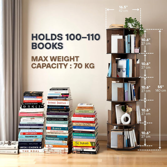 5 Tier Rotating Bookshelf Tower with Lazy Susan – Spinning Bookshelf Tower, Revolving Bookcase, Turning Book Shelf, Rotating Bookcase with 360° Rotating Shelf & Revolving Book Shelf, Walnut