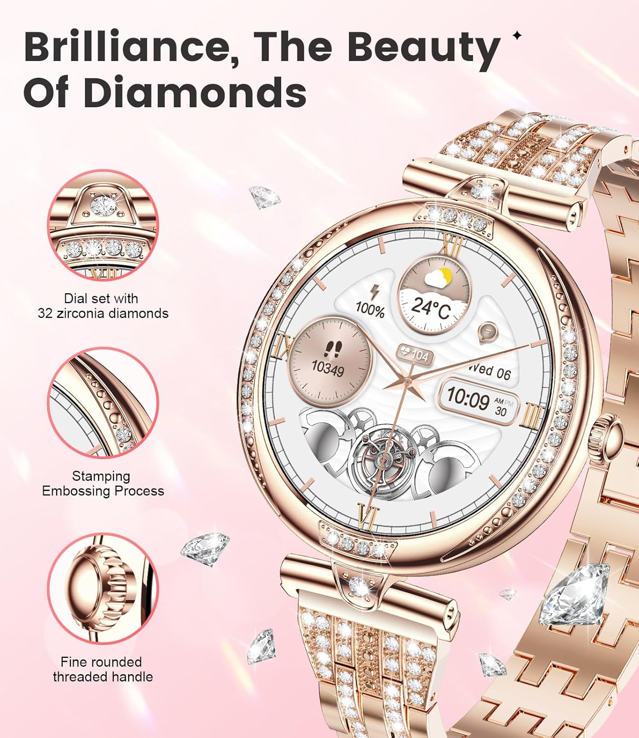 LIGE Smart Watches for Women (Answer/Make Call) with Diamonds，1.19” AMOLED Smartwatch with Heart Rate/SpO2/Sleep Monitor,IP68 Waterproof Fitness Tracker 111 Sport Modes Pedometer for Android iOS,Gold