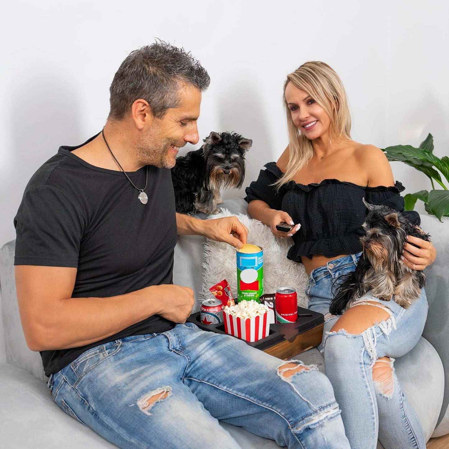 Silicone Couch Cup Holder Tray – Handy Silicone Acacia Couch Caddy with Cup Holder & Phone Stand – Waterproof Anti-Spill Snack & Bed Caddy Organizer Sofa Tray for Drinks, Snacks, & Remotes (Black)
