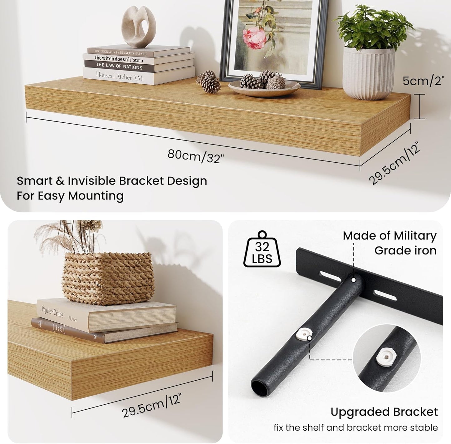 Fun Memories 32 x 12 Floating Shelves Wall-Mounted - Rustic Wood Shelf - 12 Inch Deep Floating Shelves for Wall - Large Storage Shelf for Bathroom - Kitchen & Bedroom - Oak - Set of 2