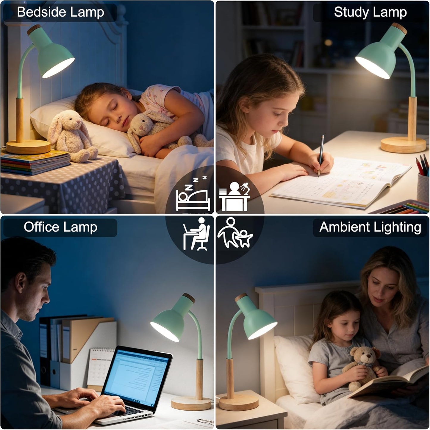 WLHONG LED Desk Lamp, Modern Table Lamps 3 Color Modes, Eye-Caring Reading Light, Desk Light with Adjustable Flexible Gooseneck, Study Lamp for Kids Audlt Bedside Dorm Room Essentials (Green)