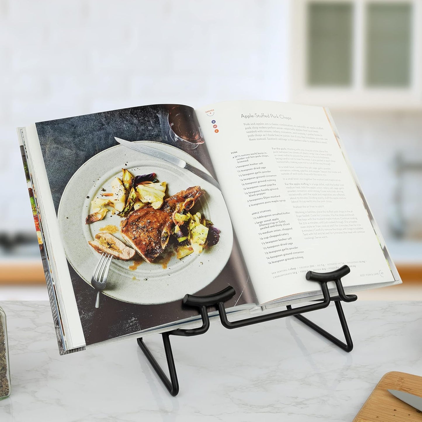 Spectrum Cookbook Stand for Kitchen Counter Tops Modern Recipe Book Holder Black, Angled Elevated Steel Recipe Organizer for Displaying Cook Books and Tablet Recipes in Kitchen Dining Room Storage