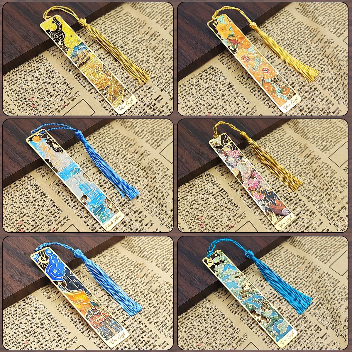 6 Pcs Metal Bookmark with Tassels, FineGood Golden Hollow Bookmarks for Women Oil Painting Book Marks for Reading Book Lovers