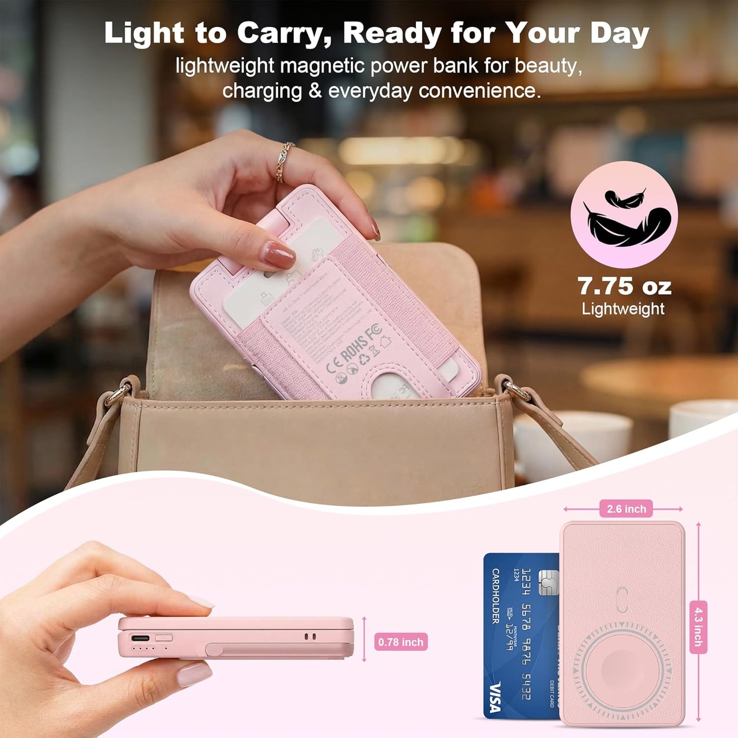 5000mAh Wireless Magnetic Power Bank, for MagSafe Portable Charger with Stand, Light Makeup Mirror, Bluetooth Selfie & USB-C Cable for iPhone17/16/15/14/13/12 Pink Travel Essential for Women