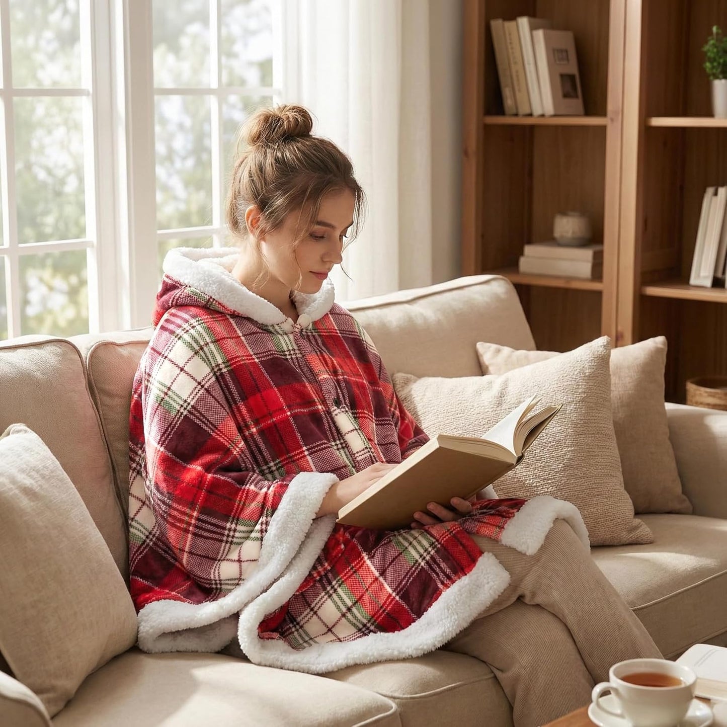 PAVILIA Sherpa Fleece Wearable Blanket for Adult Women, Cozy Plush Blanket Poncho Cape with Hood, Super Soft Shawl, Angel Wrap Throw for Office, Tartan Plaid