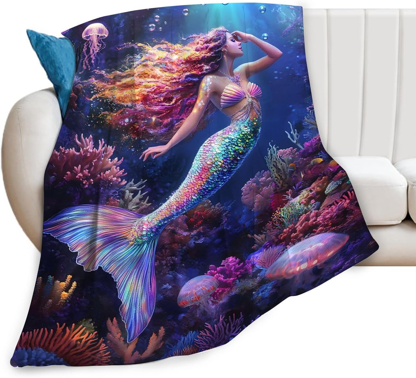 Mermaid Blanket, Ocean Mermaid Gifts Jellyfish Decor Pictures Blankets, Mermaids Throw Blanket for Sofa Couch Bed Living Room Soft Warm Cozy for Adults Kids Men Women 40"x50"
