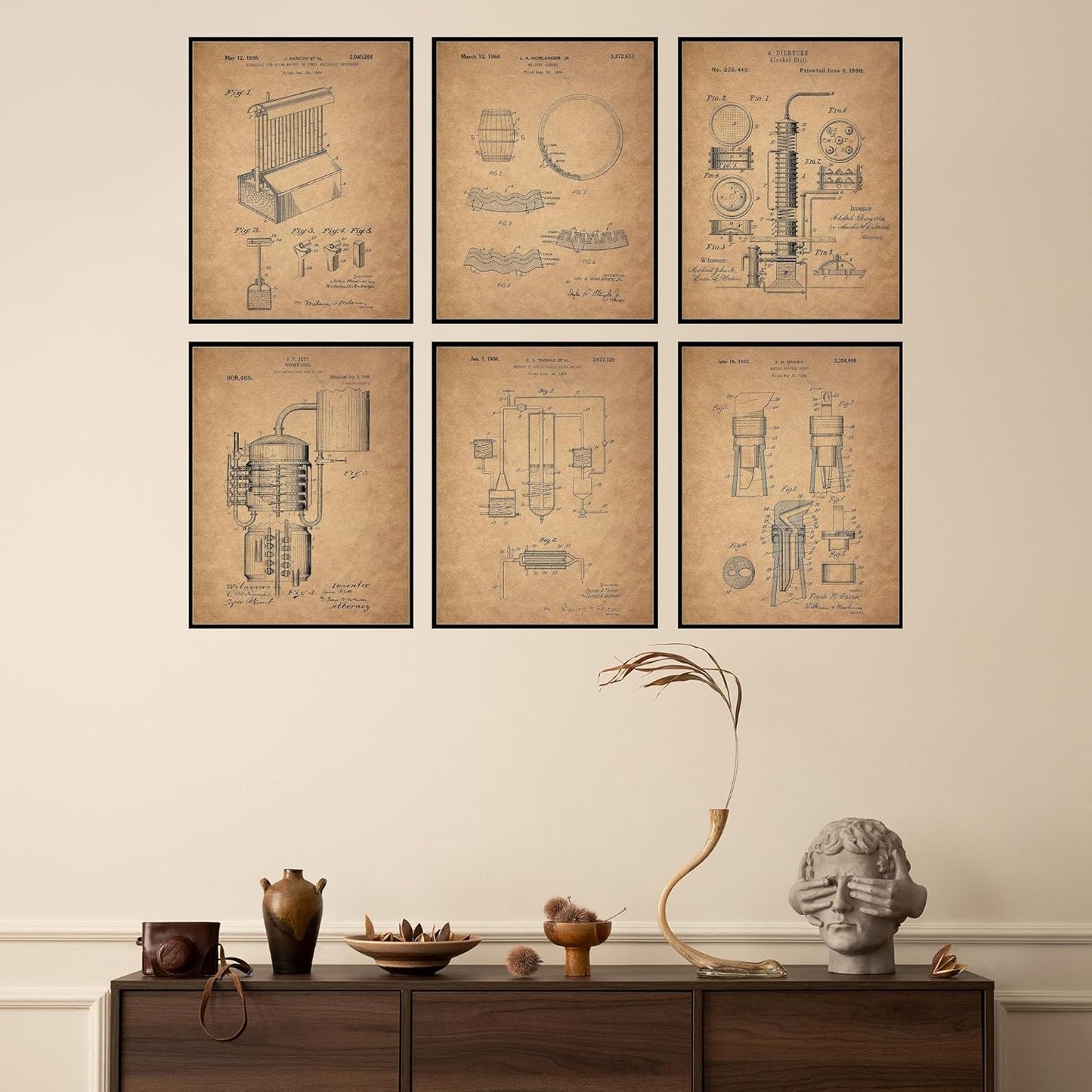BigWig Prints Whiskey Patent Wall Decor - Bar Art for Home, Whiskey Decor, Bourbon Wall Artwork for Home, Vintage Alcohol Poster, Bar Cart Art - Unframed Set of 6 (8x10”)