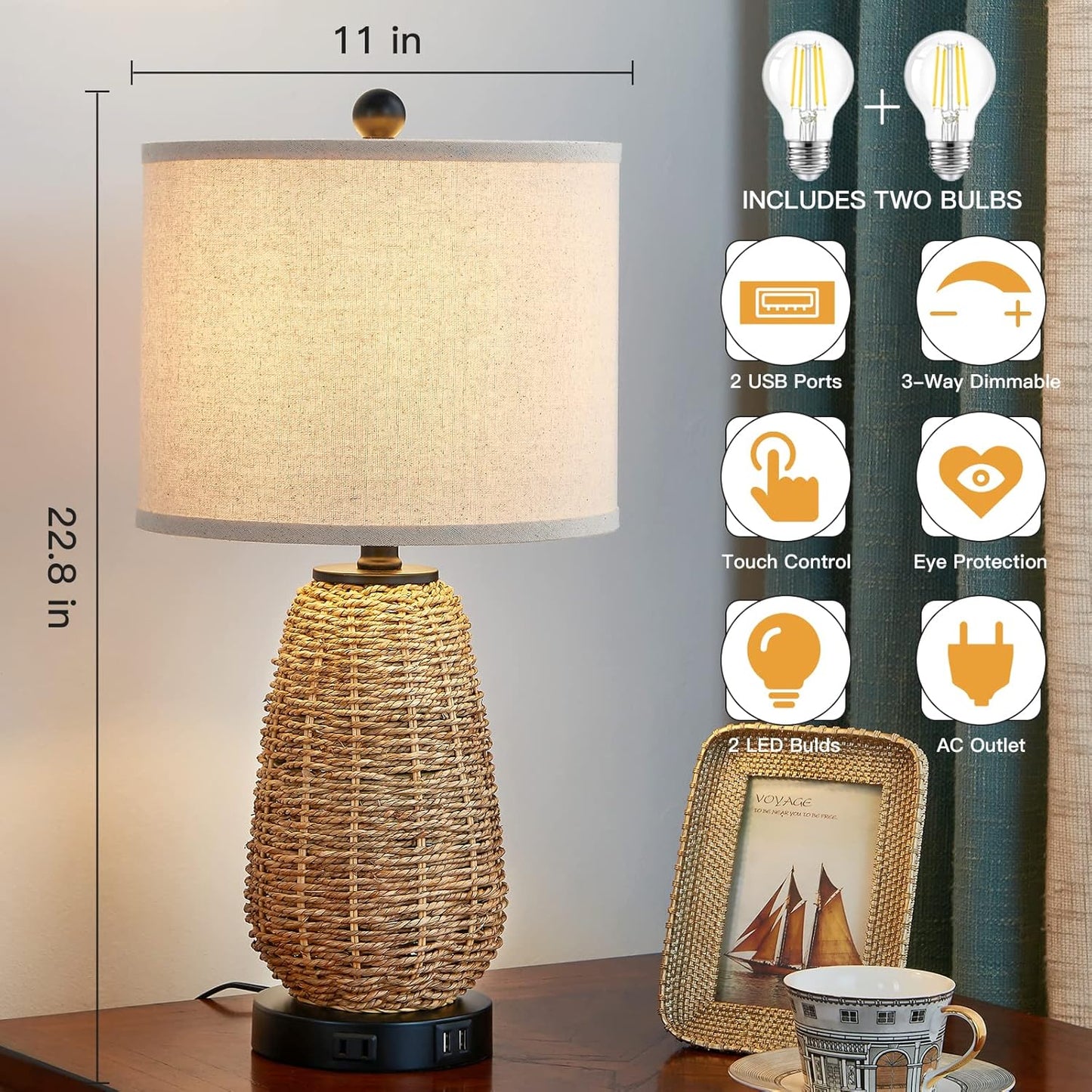 Touch Control Rattan Table Lamp, 3 Way Dimmable Bedside Lamp for Bedroom with 2 USB Ports and AC Outlet, Nightstand Lamps for Living Room(LED Bulbs Included), Grass-1PK
