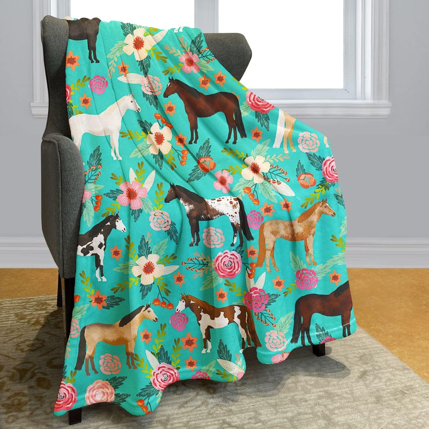 Flower Horse Throw Blanket Horse Green with Flowers Fleece Blanket Soft Warm Cozy for Sofa Couch Bed 60"x80"
