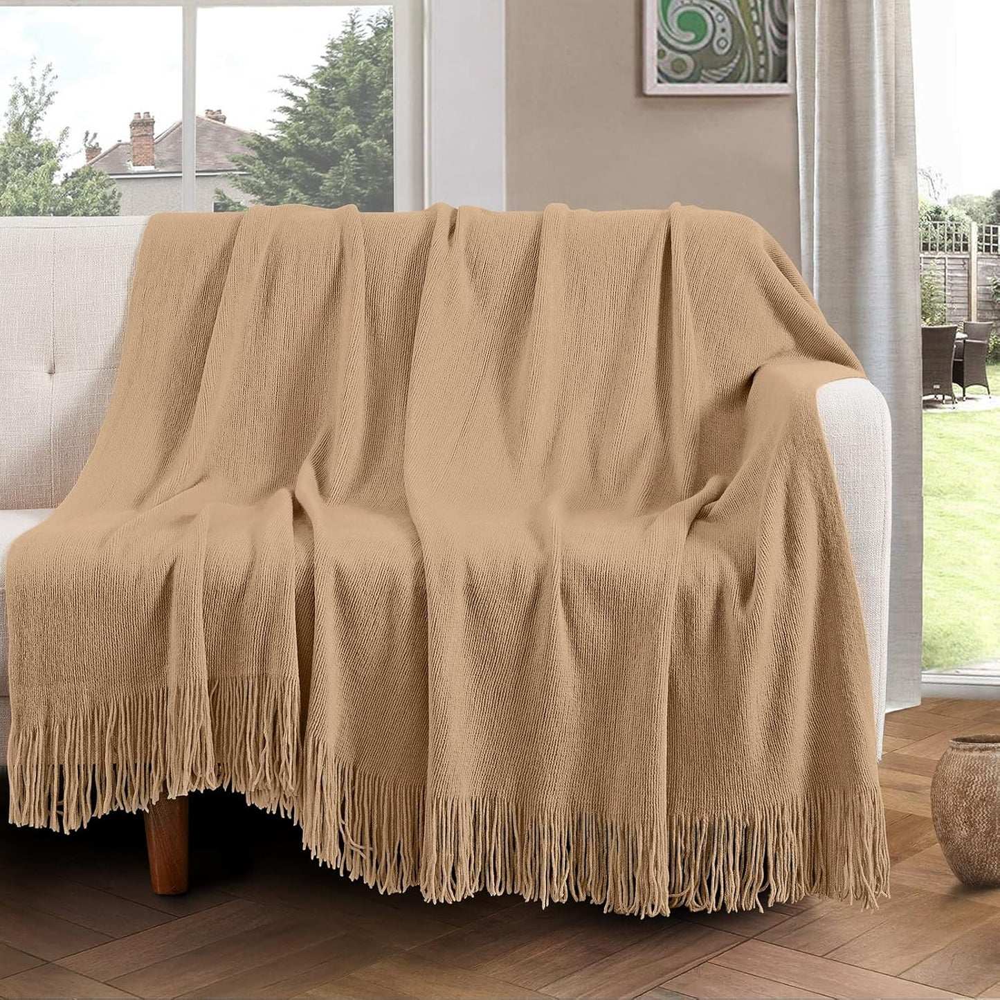 Vonty Light Brown Knitted Blanket with Tassels Fringe 60" x 80", Super Soft Knit Throw Blanket, Farmhouse Decorative Lightweight Blanket for Couch, Sofa, Bed