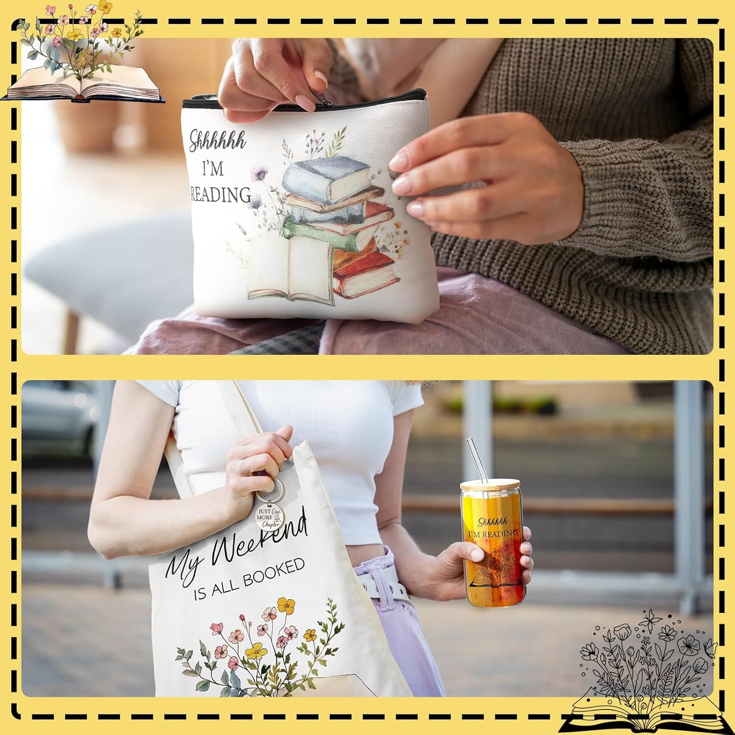 7 Pcs Book Lovers Gifts Set Book Makeup Bag Earrings Metal Bookmarks Keychain Glass Cup for Reader Gifts Accessories