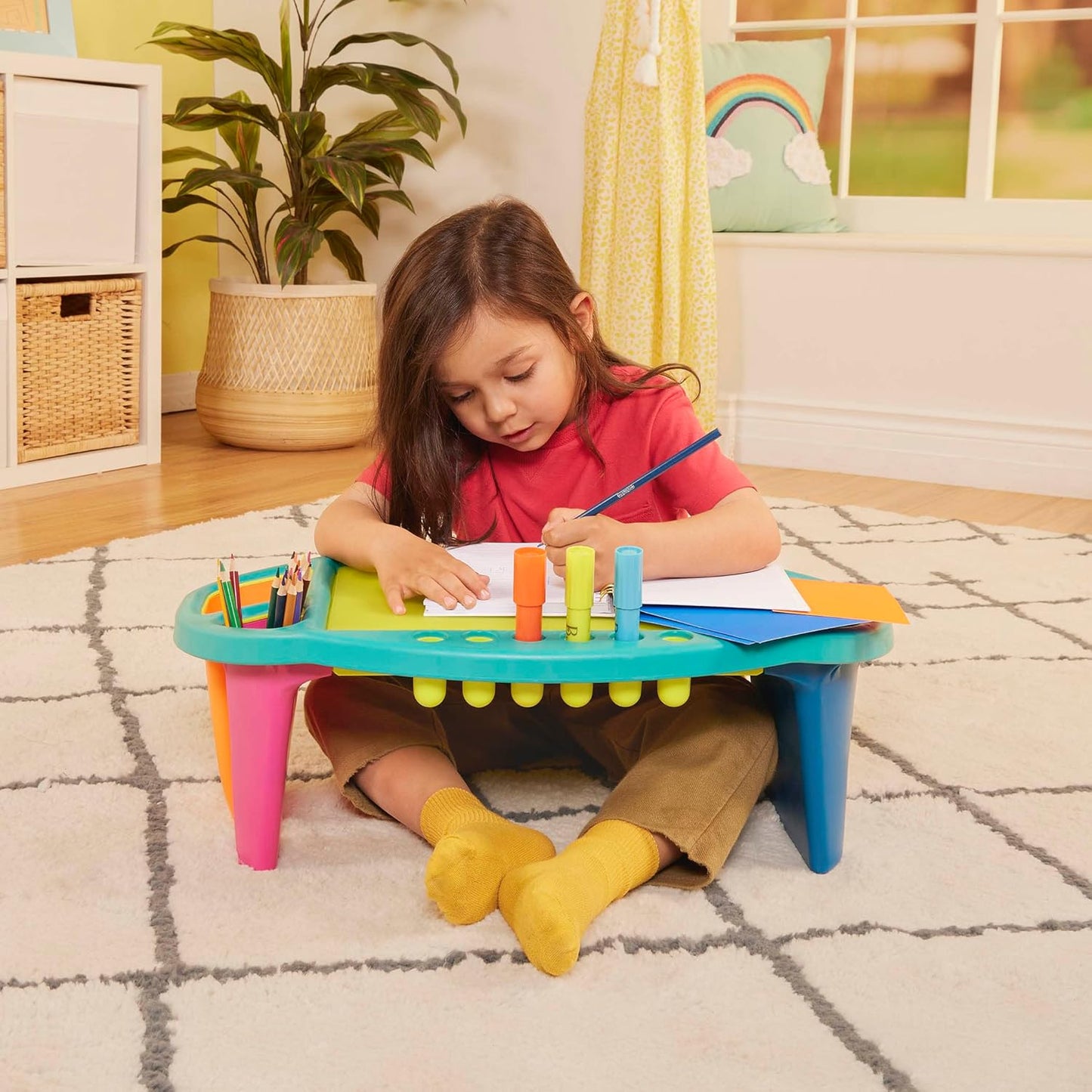 B. toys – Imagination Station – Creative Kids Lap Desk – Lap Desk for Art, Coloring, Writing – Portable Table with Storage Space – Reusable Sticker Set – 3+ Years