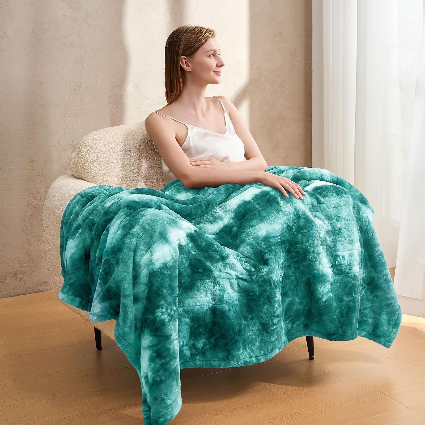 Electric Heated Throw Blanket 50"x60",Luxury Green Faux Rabbit Fur Electric Throw Blanket,Fast Heating Soft Fluffy Thick Electric Blanket with 6 Heating Levels & 12H Auto Off