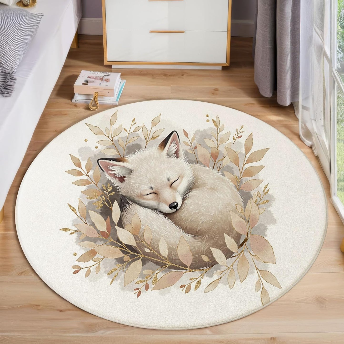 Watercolor Fox Twigs Round Rugs 2Ft, Animal Illustration Round Living Room Area Rug, Washable Large Soft Circle Rug for Bedroom, Non Slip Ultra Thin Floor Carpet for Dining Room, Beige