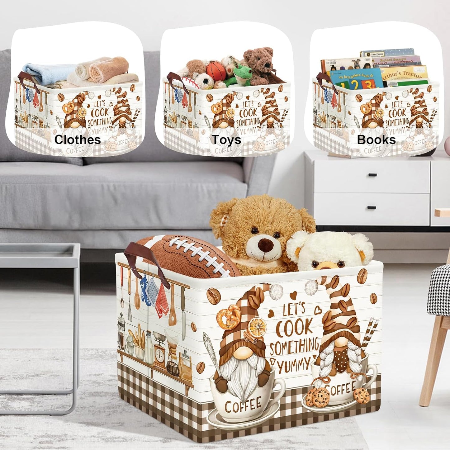 Kitchen Decor Tools Kid Storage Basket Collapsible Clothes Baby Nursery Hamper Large Book Shelf Basket Boy Girl Toy Box Bin, Gnome Coffee, 36L
