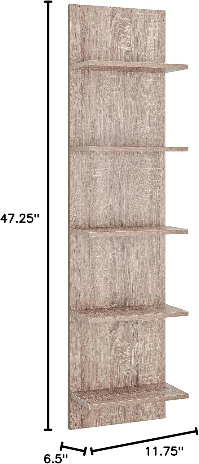 Danya B. Narrow Decorative Wall Mount Vertical Shelving Unit – Modern Column with 5 Shelves Home or Office for Books, Décor Display (Oak)
