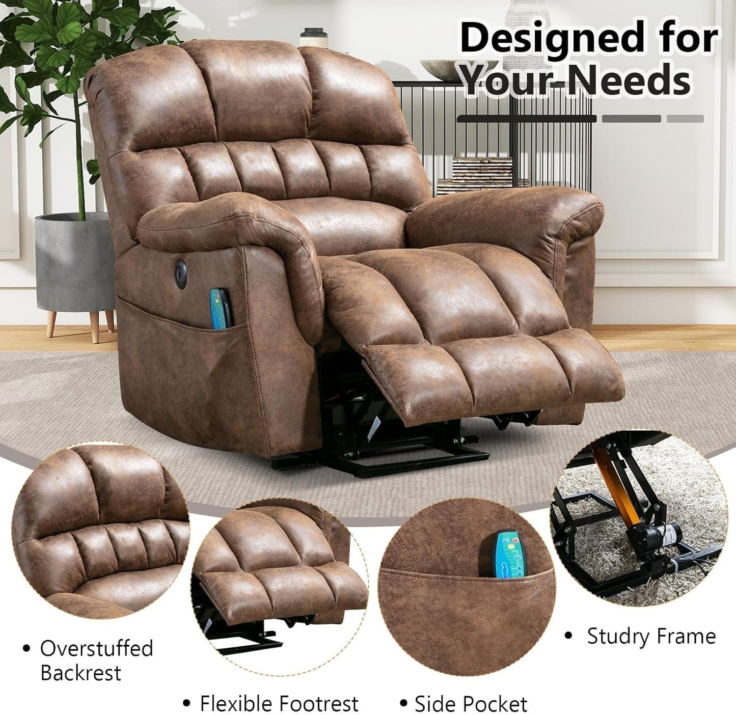 Faux Leather Electric Lifting Recliners Brown Overstuffed Wide Reclining Sofa with Side Pockets USB Port for Elderly Power Lift Recliner Chair for Living Room with Massage and Heat