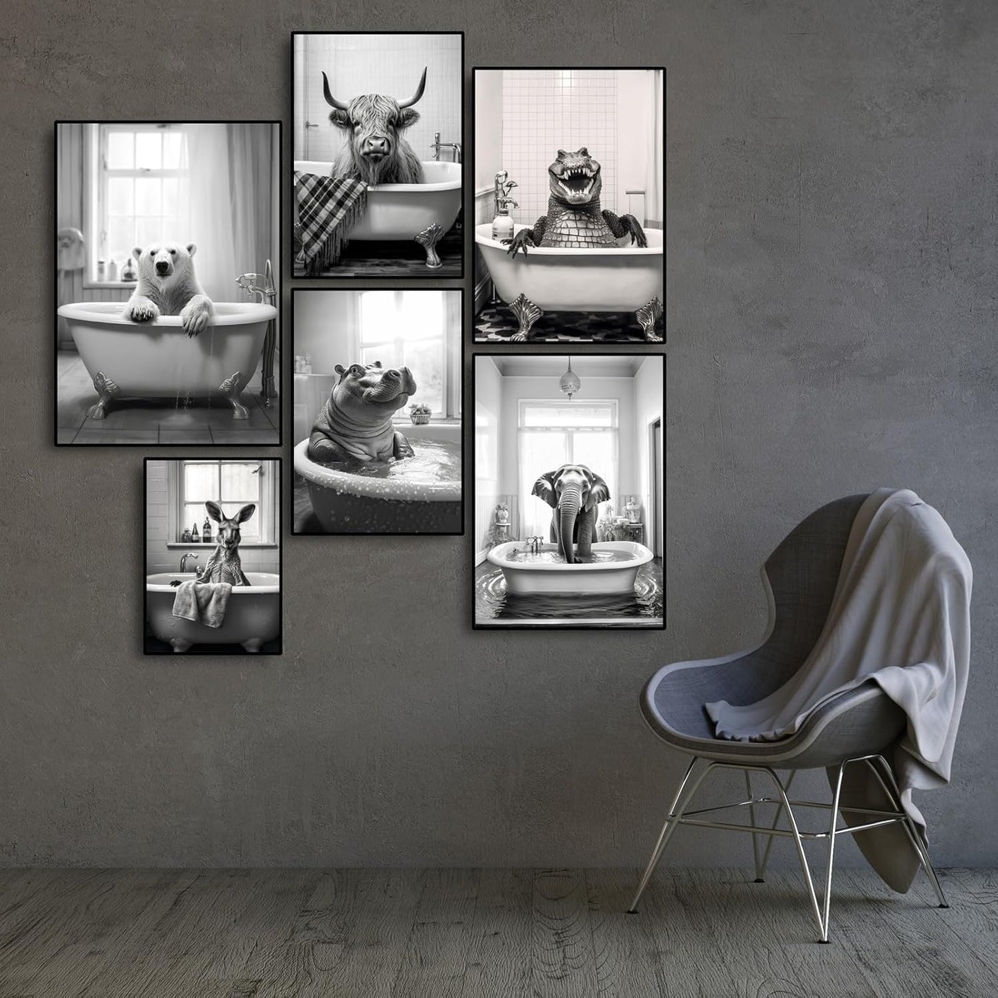 Funny Crocodile Bathroom Decor Wall Art (Black Aluminum L16"xW12" Frame) Prints Painting , Vintage Black and White Rustic Style Cute Animals Canvas Art Poster for Restroom Decoration, Farmhouse Wall