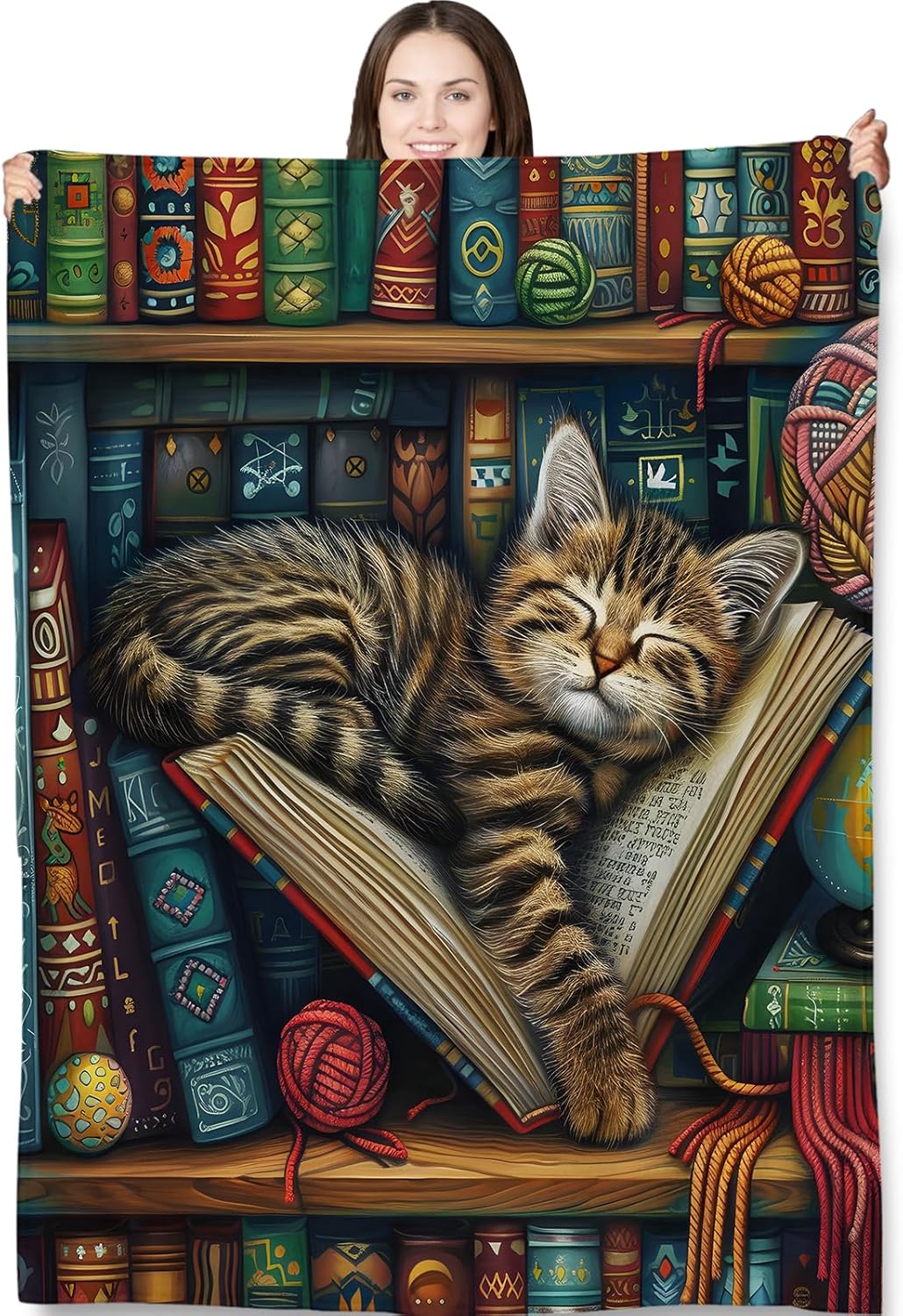 Tabby Cat in Bookshelf Throw Blanket for Adults Kids, 50x60 in, Kitten Theme Flannel Blankets for Bedroom, Couch, Travel, Home Decor, Fuzzy Soft Cozy Warm Gifts