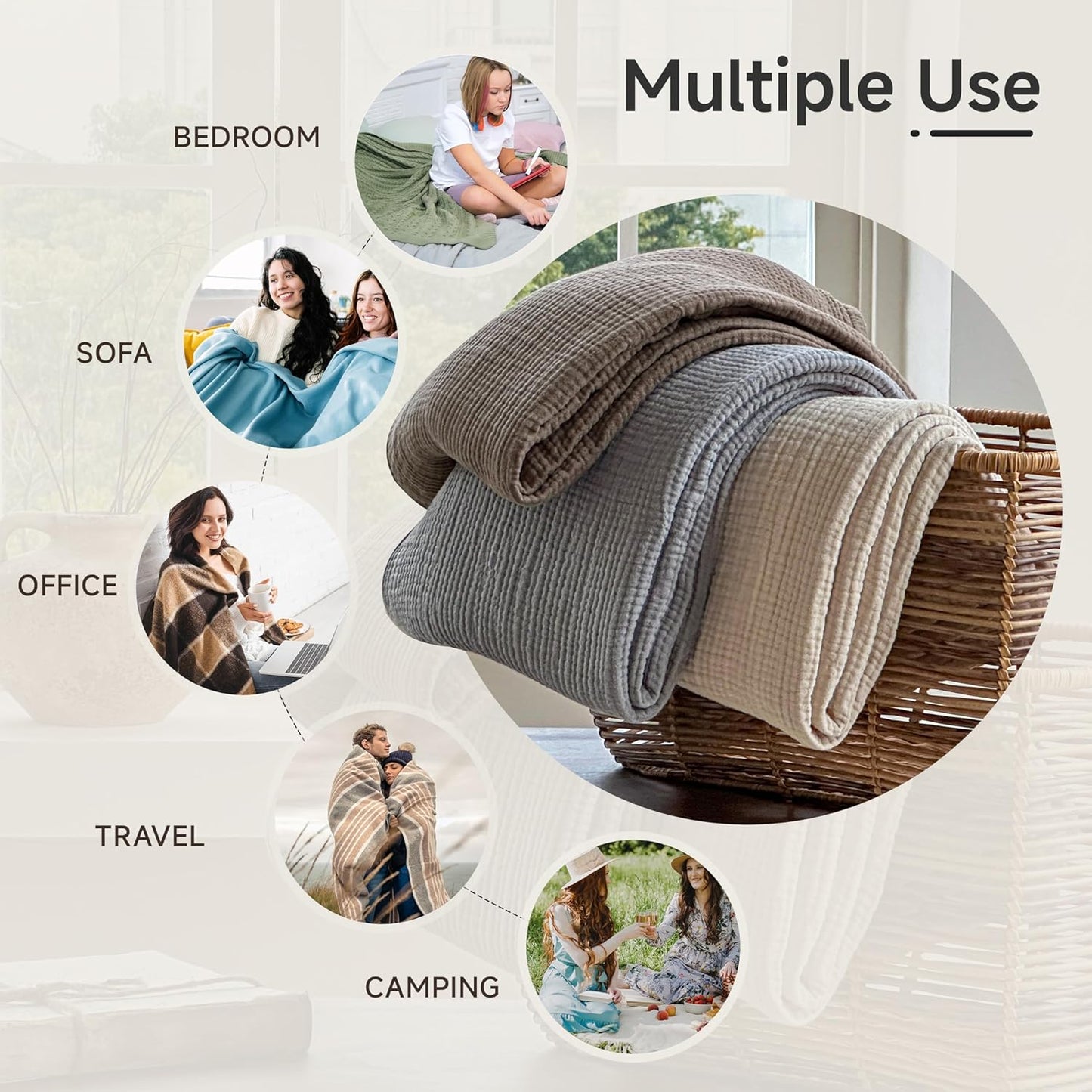 Simple&Opulence 100% Cotton Muslin Blanket King Size, Lightweight Breathable 4 Layering Gauze Blanket for Bed Couch Camping, Soft Bedspread Coverlet All-Season Use (Grey, 104" x 92")