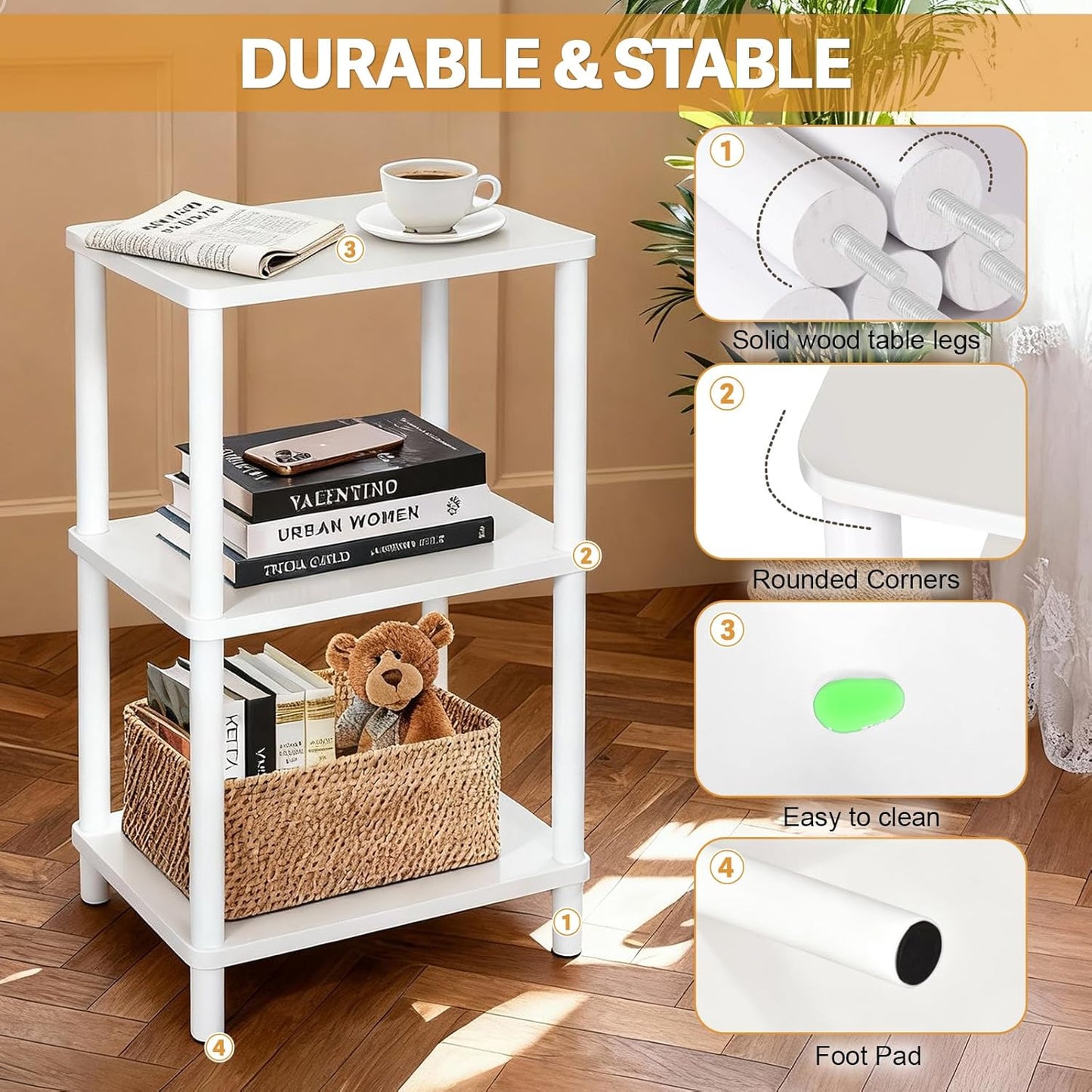 YGYQZ 3 Tier White Side Table ，Small End Table with Solid Wood Legs，28' Tall Bedside Table with Storage Shelf，Nightstand for Small Spaces，Living Room,Bedroom，Bathroom,No Tool Installation
