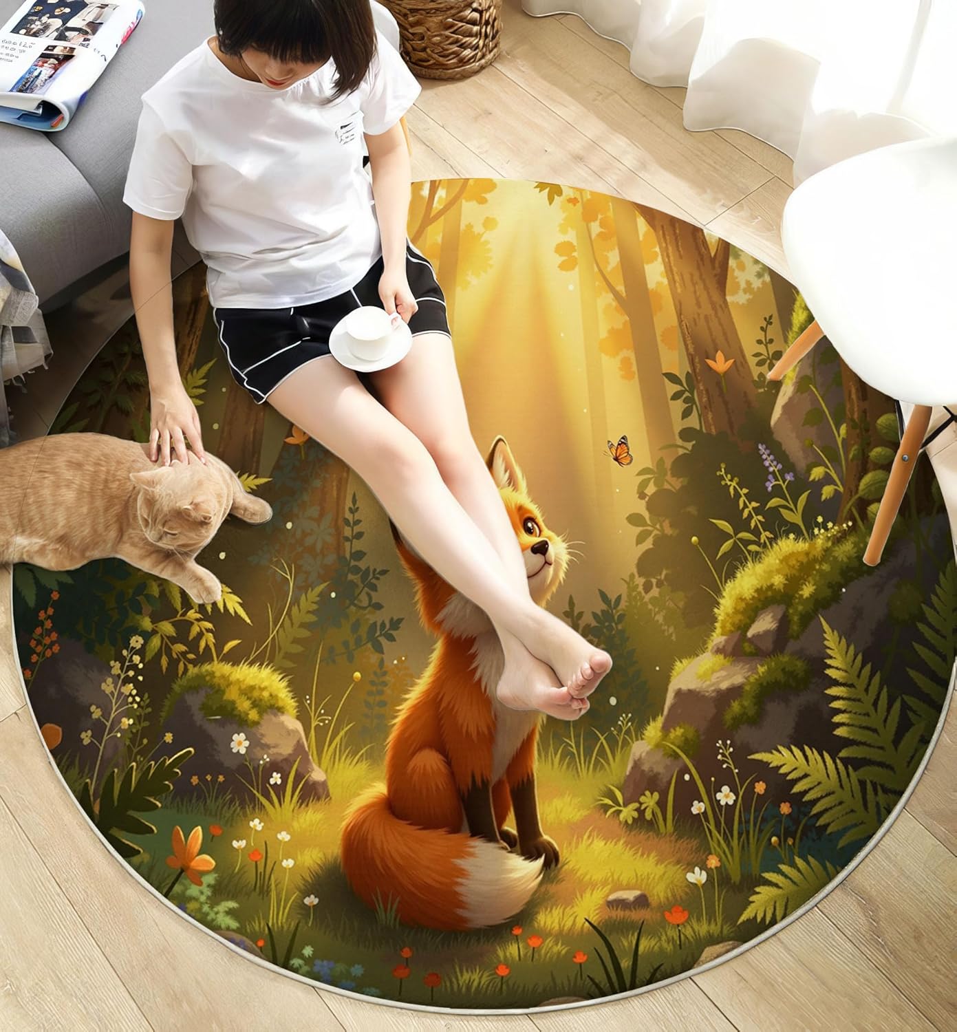 Sunshine Fox Grass Round Rugs 6Ft, Cute Animals Round Living Room Area Rug, Washable Large Soft Circle Rug for Bedroom, Non Slip Ultra Thin Floor Carpet for Dining Room, Forest Green