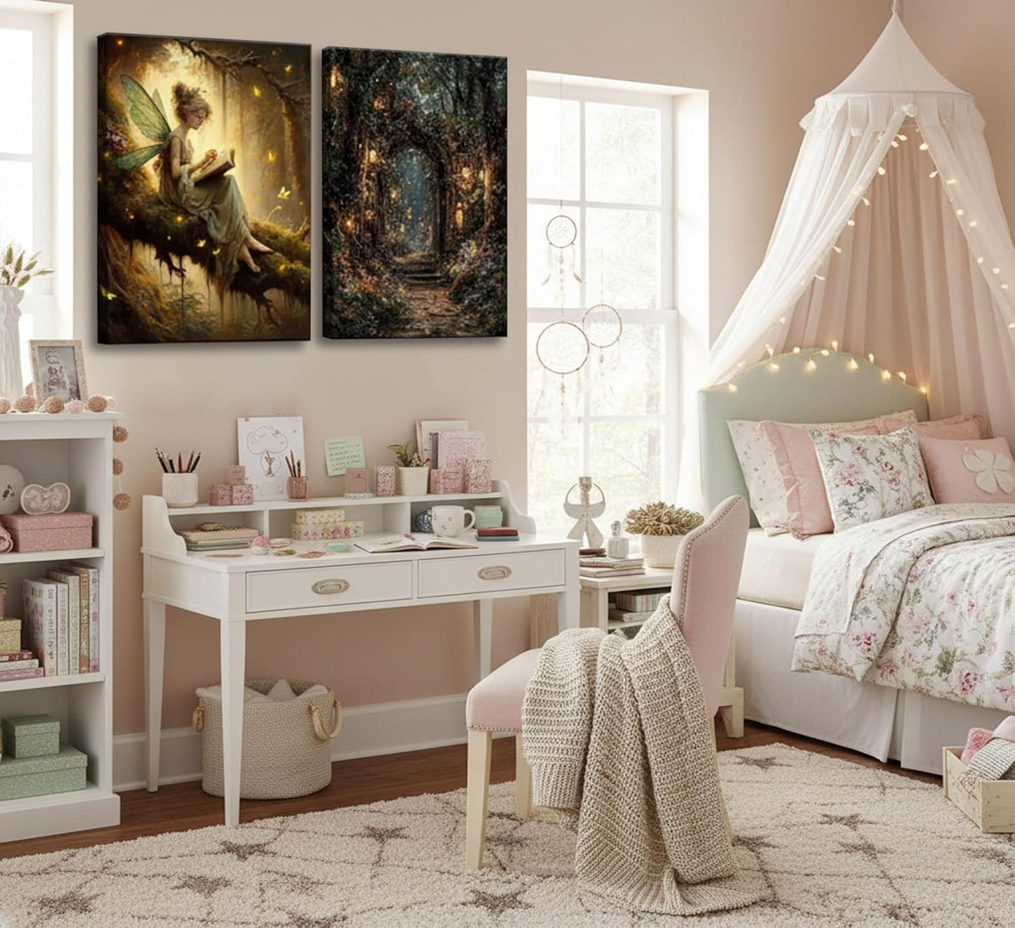 2Pcs Vintage Forest Fairy Canvas Wall Art Sitting On Branch Reading A Book Enchanted Fairy Portal Forest Pictures Wall Decor Posters Prints Girly Aesthetic for College Apartment Bedroom