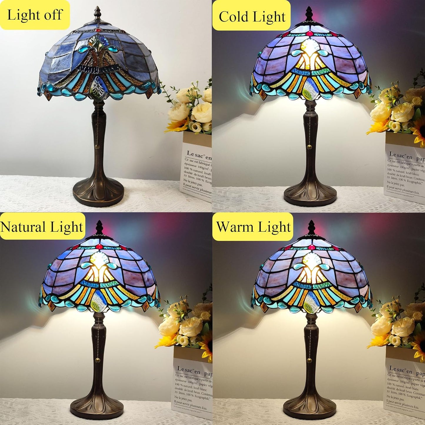 Tiffany Table Lamp Purple Baroque Style Stained Glass Lamp 3 Color Temperature 12 Inch Antique Desk Light Handcrafted Light for Bedroom Living Room Home, Included LED Bulb