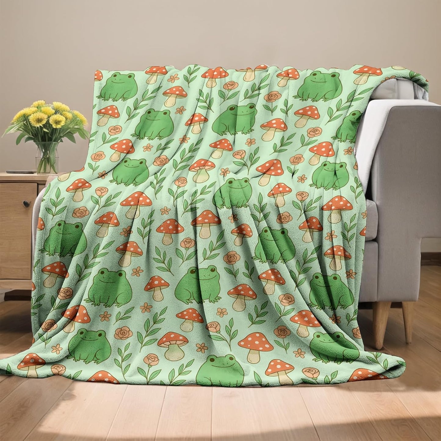 Frogs and Mushrooms Blanket, Flannel Throw Blanket Soft Cozy Lightweight Blankets for Adults Women Kids Home Decor for Sofa Couch Bed 80x60 Inch
