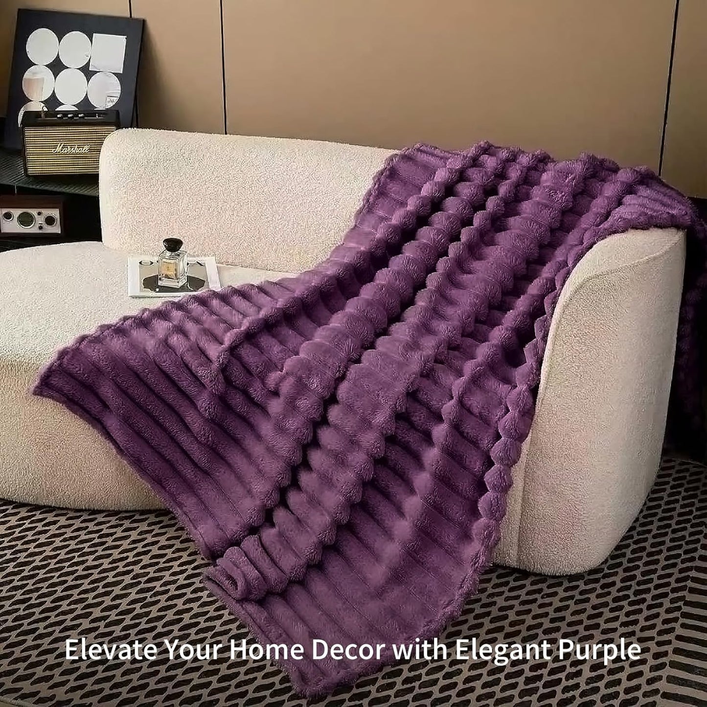 SS-Sunrise Fleece Throw Blanket for Bed 80"x90", Fluffy 3D Ribbed Jacquard Coral Purple Flannel Blanket 330gsm, Soft Plush Blanket for Home Decor