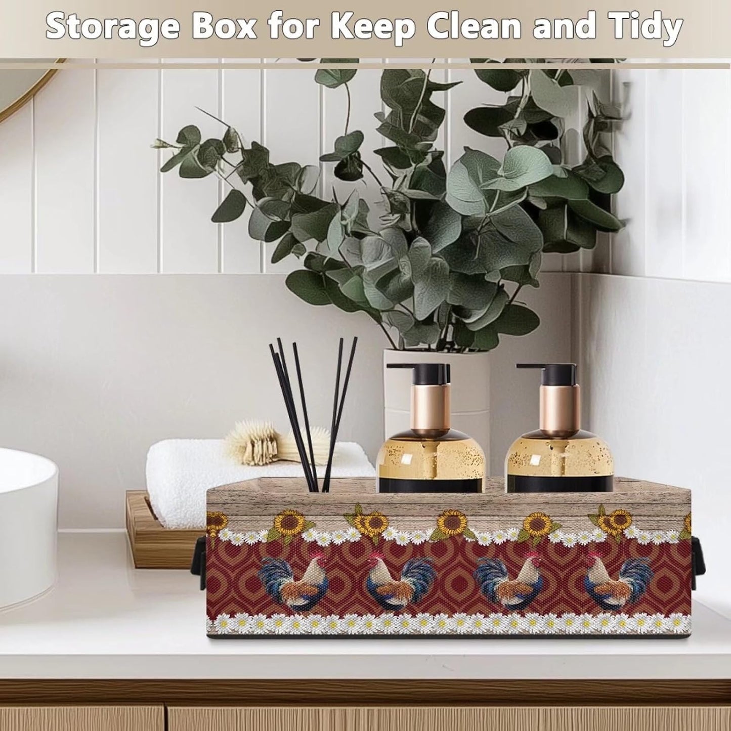 Storage Bins for Shelves, Rooster Storage Basket with 2 Handles, Decorative Fabric Closet Organizers and Storage for Organizing Home, Office, Dormitory, 13.9x7.1x4.4 Inches
