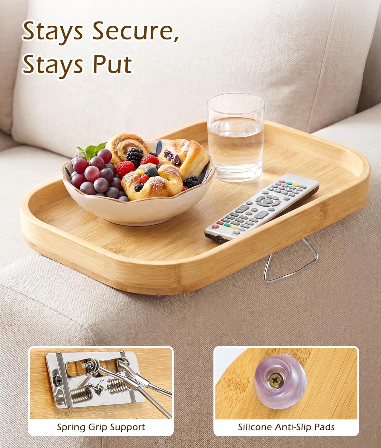 Bamboo Couch Arm Tray Table, Adjustable Clip-On Sofa Armrest Tray with Support Leg & Non-Slip Pads, 3-in-1 Serving Tray Fits Wide & Narrow Couch Arms for Drinks, Snacks, Remote