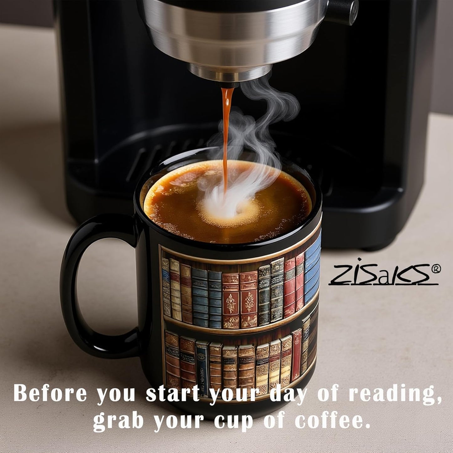 Book Mugs For Book Lovers: 15oz Capacaty, Made of Glossy Black Ceramic Perfect Reader Gifts, Bookshelf Design (Black, 15 oz B)