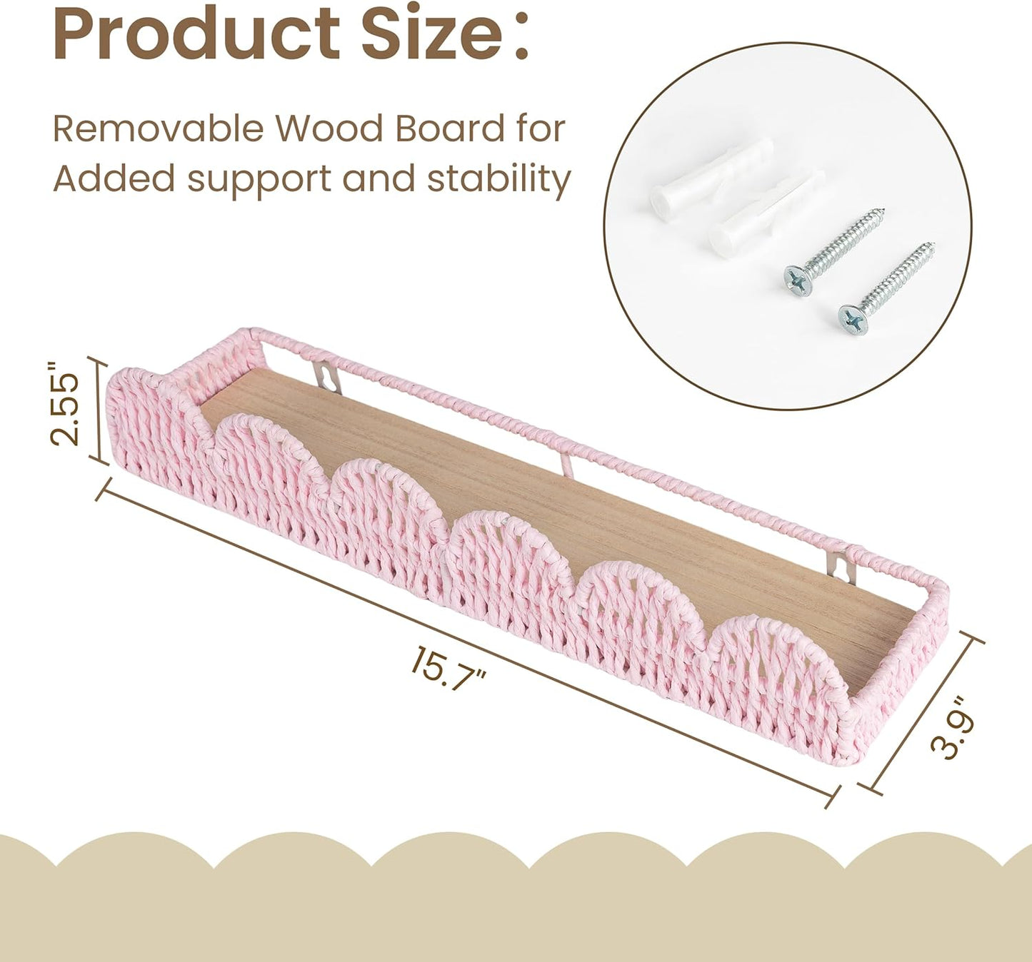 AELS Scalloped Nursery Bookshelf, Set of 4, Picture Ledge Shelf for Wall Decor, Woven Natural Fibre Floating Shelves for Books, Toys, Photo Frame, Nursery, Boho Modern Farmhouse Book Shelf, Pale Pink