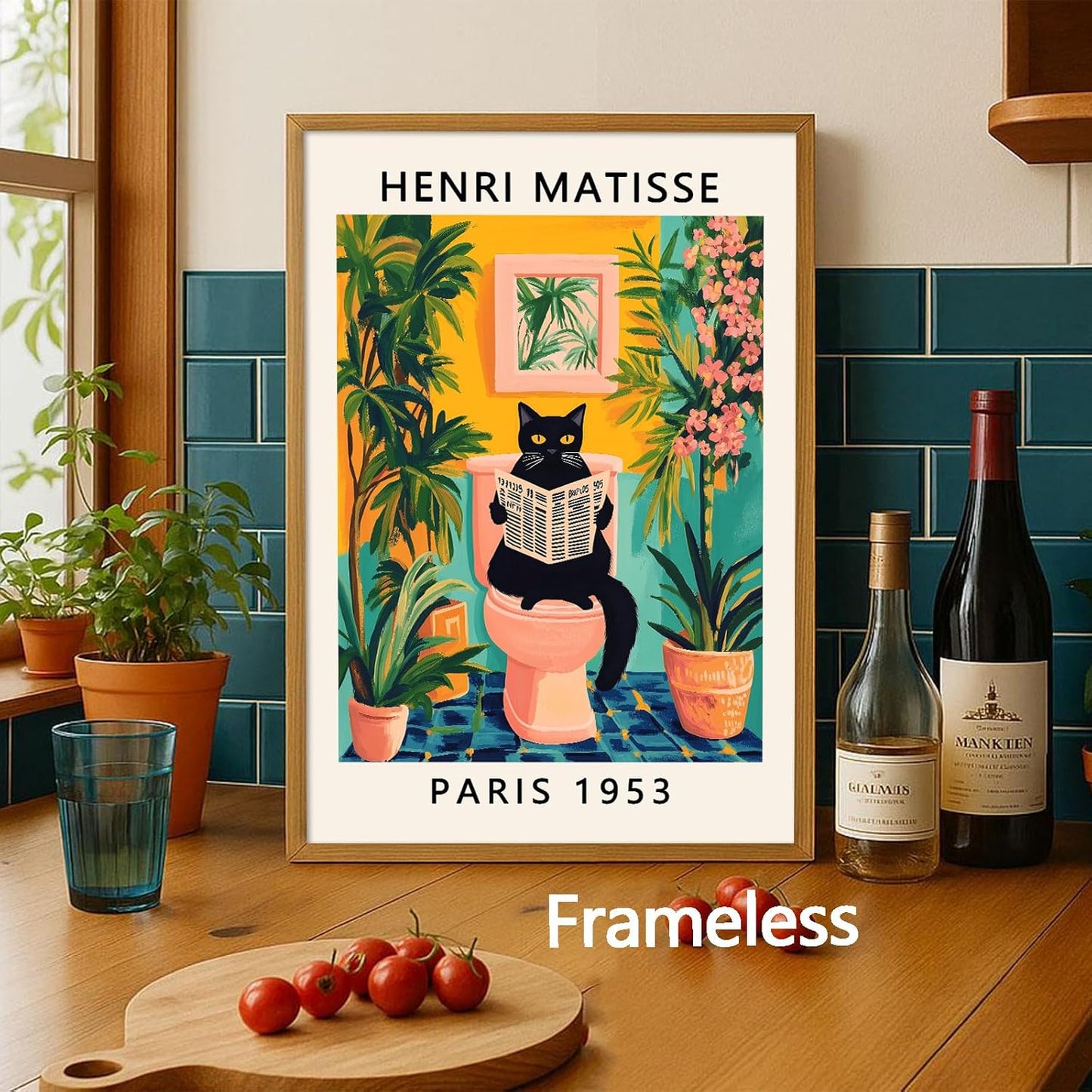 Matisse Black Cat Wall Art Funny Animal Aesthetic Posters Aesthetic Preppy Pictures Boho Artwork For Bathroom Black Cat On Toilet Reading Newspaper Wall Art Matisse Botanical Prints 16x24in Frameless