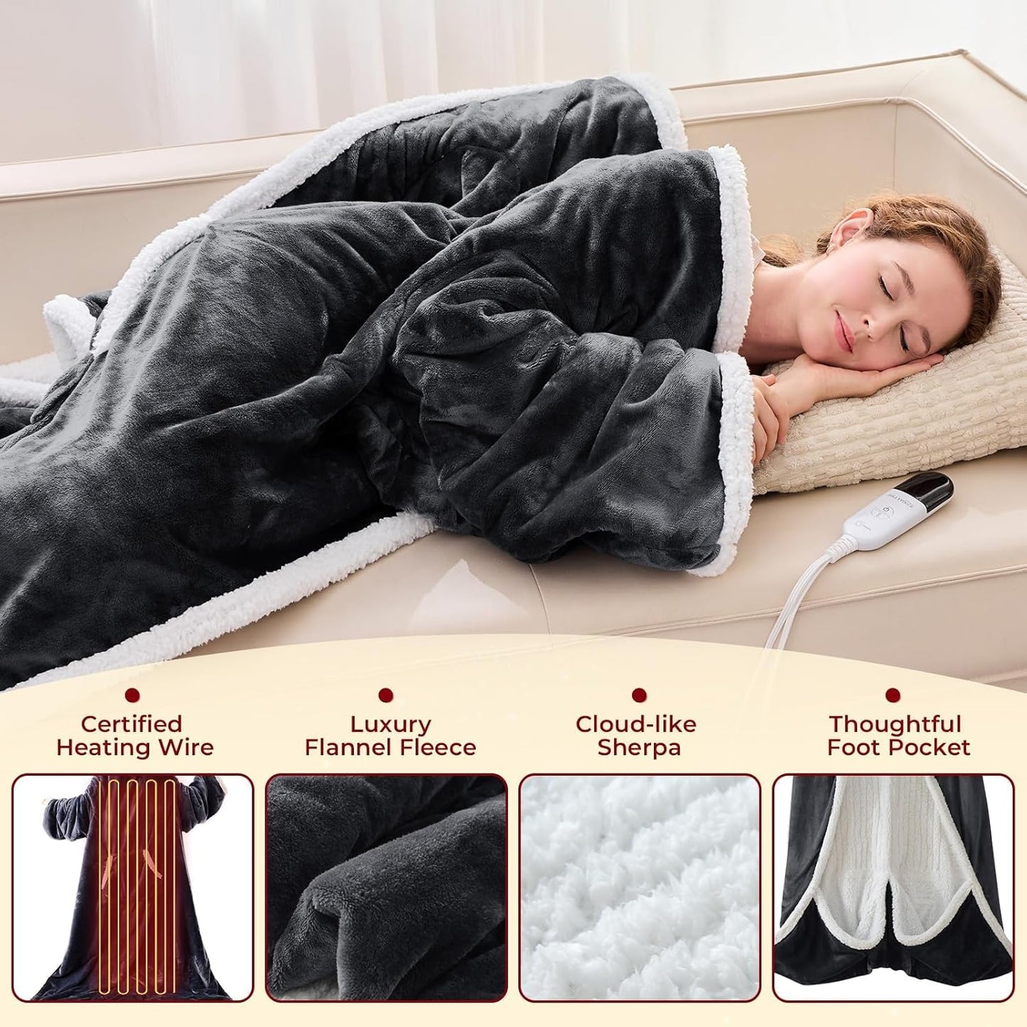 JOLLYVOGUE Wearable Heated Blanket - Heating Electric Blanket with Sleeves & Foot Pocket, Heated Throw for Adult, Birthday Gifts with 7 Heat Settings & fixed 4h Auto Shut-off (50*70 Inch, Dark Grey)