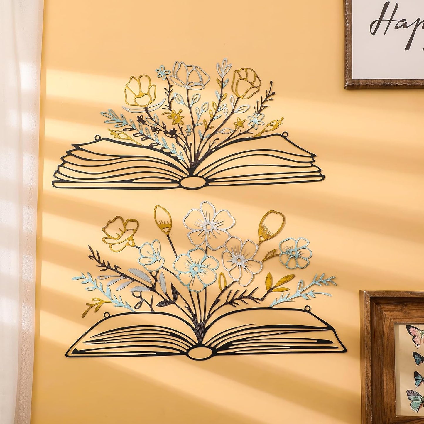 Honeydak 3 Pcs Reading Flower Book Wall Art Metal Library Wall Decor Sign Book Lovers Teacher Gift Silhouette Hanging Sculptures for Home Reading Room Office (Rustic Color,Elegant Style)