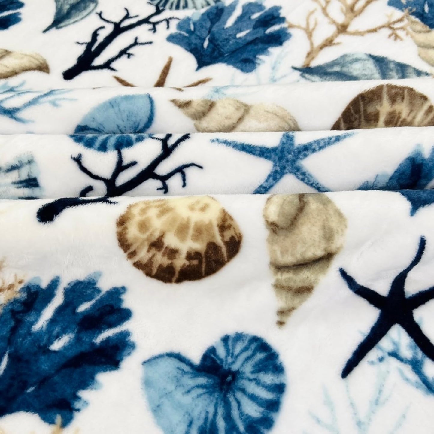 Ocean Life Coastal Throw Blanket: Soft Plush Velvet Fleece Blues Greys and Beige Brown on White, Accent with Shells Coral and Starfish, 50" x 70" Inches (Coral Reef)