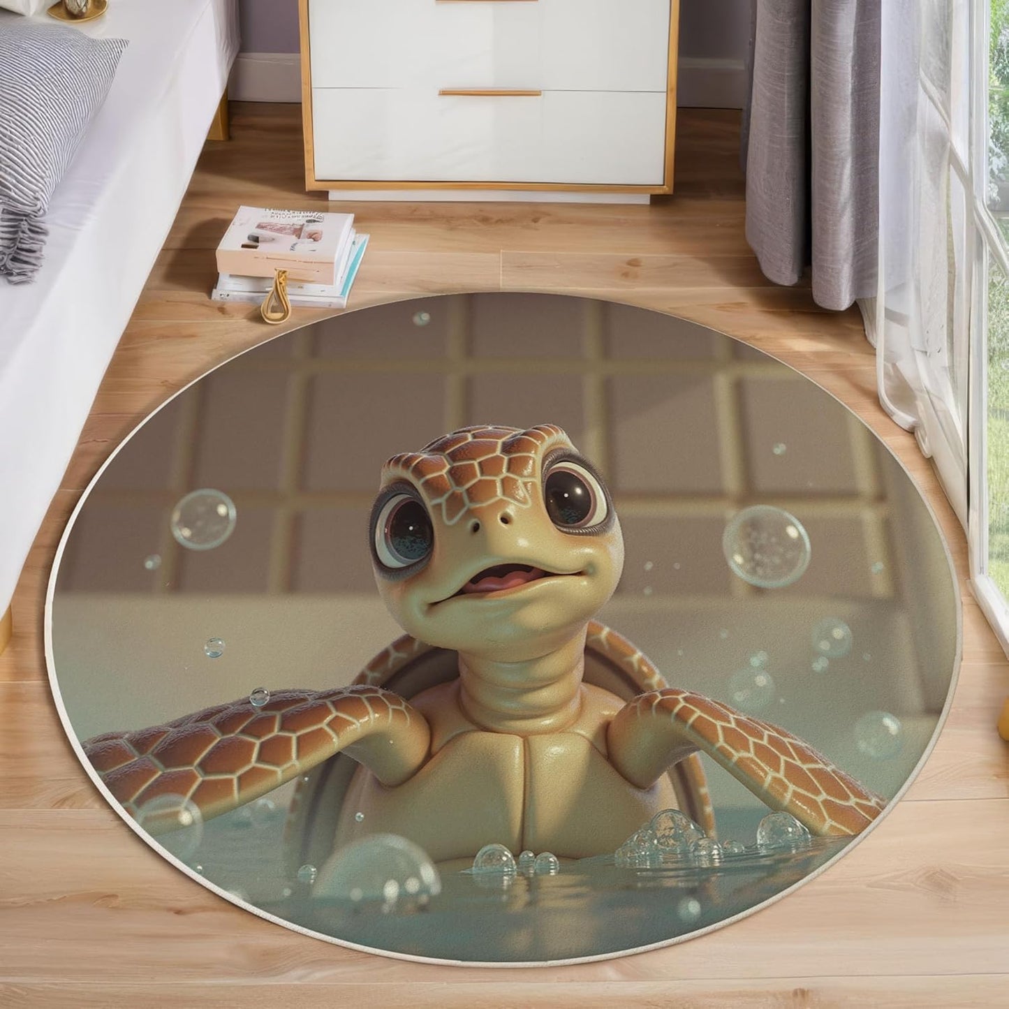 5Ft Round Washable Rug - Large Area Rug for Living Room Dining Room, Beige Soft Bedroom Carpet with Cute 3D Design Turtle Bathtub Pattern, Marine Animal Décor, Low Pile Stain Resistant