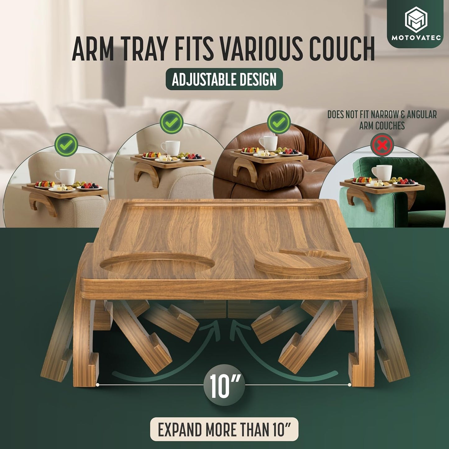 Acacia Wood Sofa Arm Tray - 3-in-1 Couch Arm Table with Phone Holder, Cup Placer & Foldable Tray - Armrest Clip-On Design for Couch with 360° Rotated Phone Holder