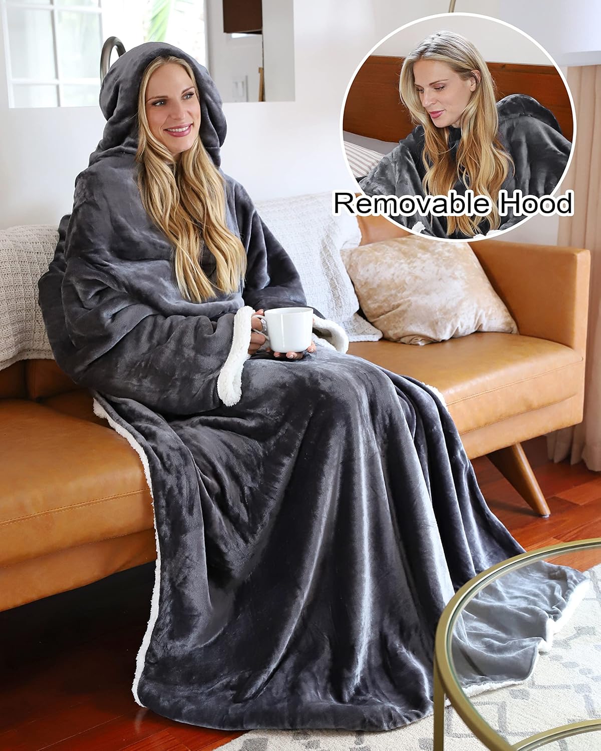 Tirrinia Hooded Wearable Blanket with Sleeves, Full Body Throw Reading Wrap TV Blankets, Cozy Flannel Blanket Robe, Snuggle Gift for Adult Women Men Mom Grandma